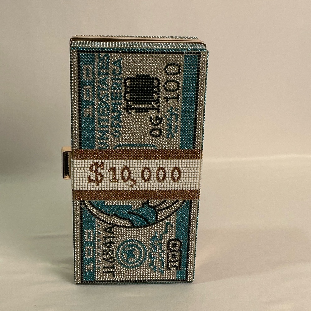 Bling Rhinestone $10,000 money clutch evening bag blue New